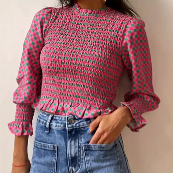 Pink & Green Cropped Length Bubble Checkered Top - Picture 2 of 3